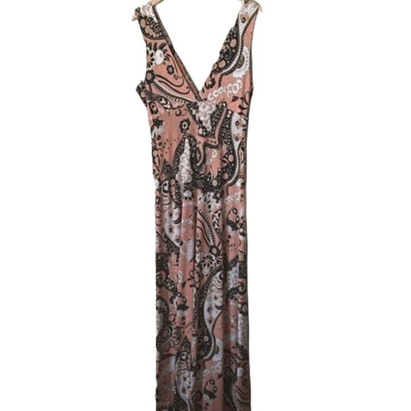 Paisley Floral Stretch Pink Peach Maxi Dress Size M-XL - Picture 2 of 4
